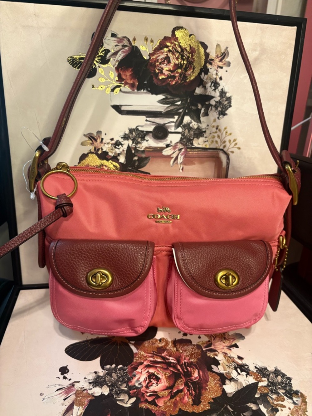 Coach Pink and Brown Nylon Crossbody Bag with Dual Front Pockets